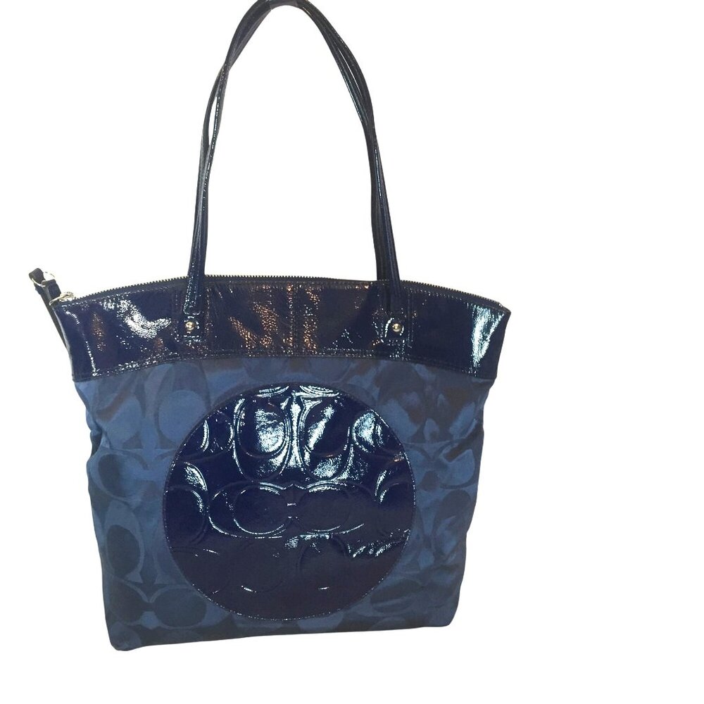 Coach Laura Signature Tote Navy Blue Textile & Patent Leather Large 12 X 12